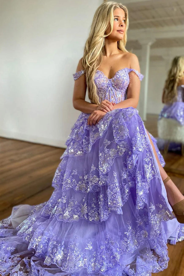 Superbe robe de bal de princesse violette à volants en dentelle PSK517