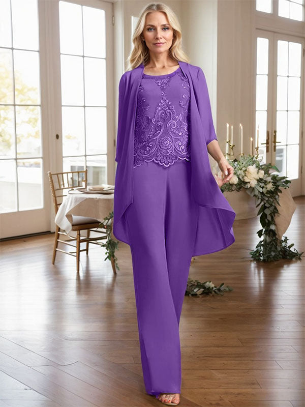 Separates Jumpsuit/Hosenanzug, U-Ausschnitt, bodenlanges Chiffon-Spitzenkleid für die Brautmutter mit Perlen und Pailletten