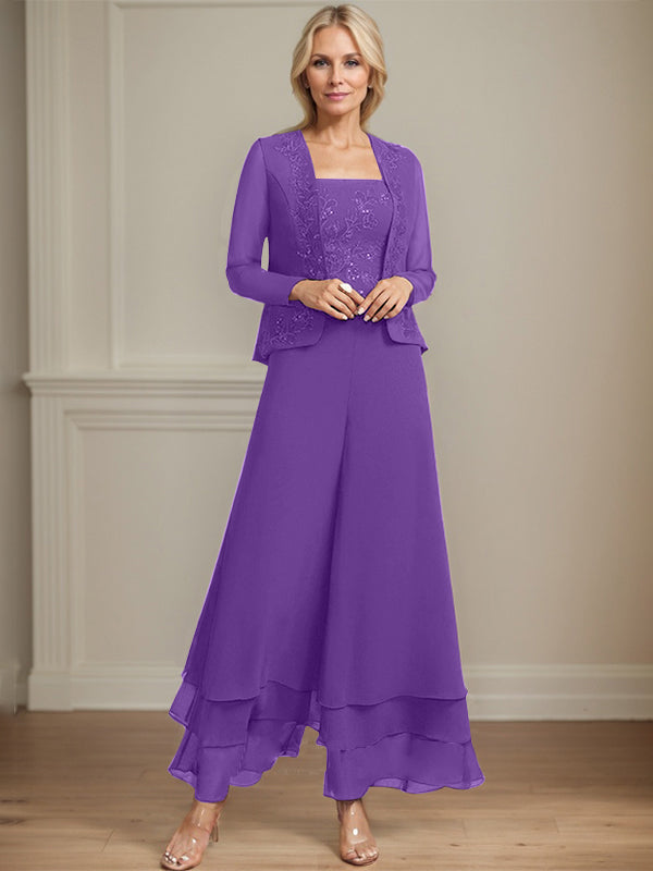 Separates Jumpsuit/Hosenanzug Quadratisches Knöchellanges Spitzenchiffonkleid für die Brautmutter mit Pailletten