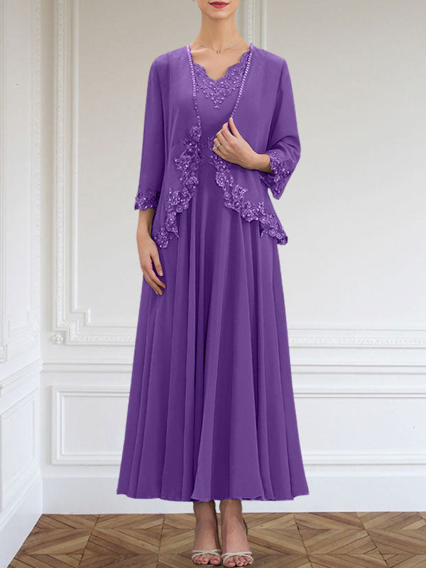 A-line V-Neck Ankle-Length Chiffon Mother of the Bride Dress With Sequins Appliques Lace Beading