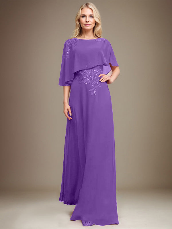 A-Linie U-Ausschnitt Bodenlang Chiffon Spitze Kleid für die Brautmutter mit Pailletten und Perlen