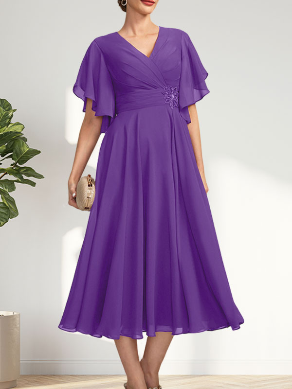 A-line V-Neck Tea-Length Chiffon Mother of the Bride Dress With Pleated Beading
