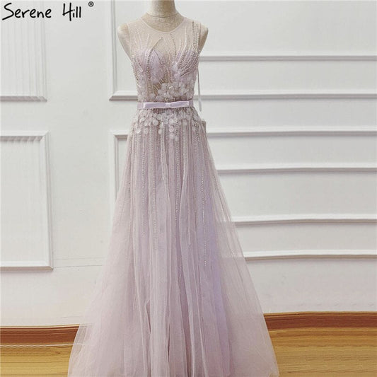 En oferta. Sin devoluciones ni reembolsos. Oferta. Vestido de noche morado de ensueño, cuello redondo, sin mangas, sexy, con flores hechas a mano y diamantes, corte A, vestido formal 2025 LA6122.