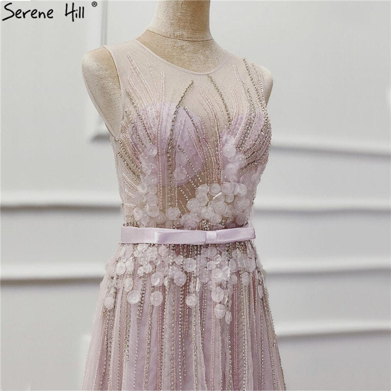 En oferta. Sin devoluciones ni reembolsos. Oferta. Vestido de noche morado de ensueño, cuello redondo, sin mangas, sexy, con flores hechas a mano y diamantes, corte A, vestido formal 2025 LA6122.