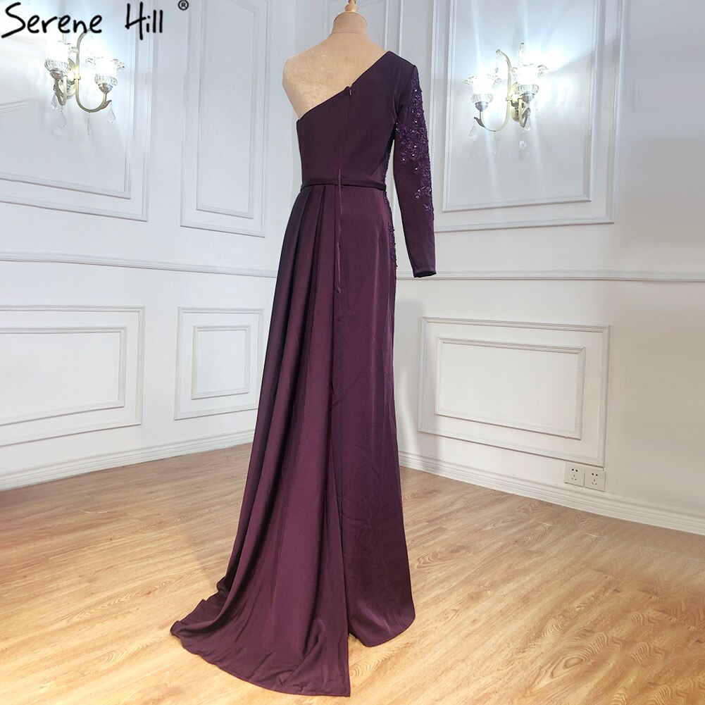 Vestido de noche morado sexy de satén con un solo hombro, corte sirena, con cuentas, LA70318