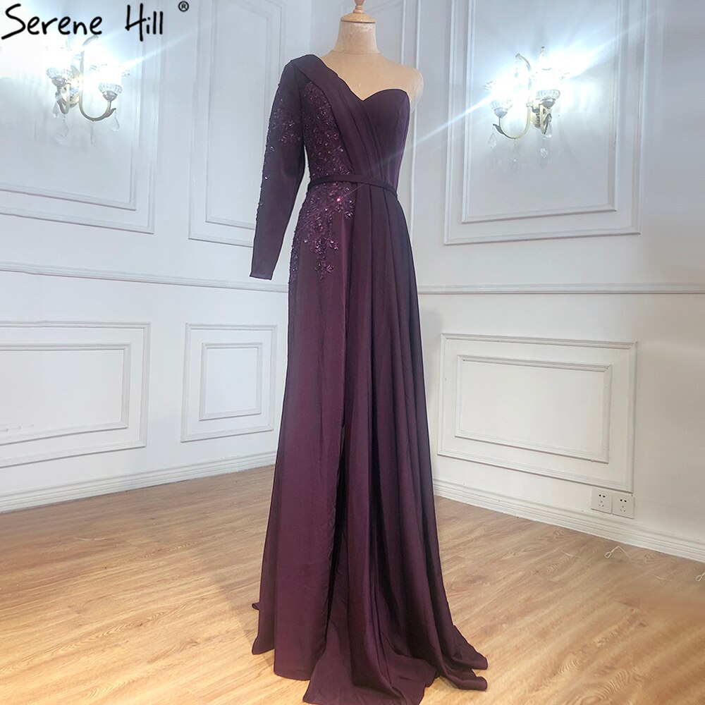 Vestido de noche morado sexy de satén con un solo hombro, corte sirena, con cuentas, LA70318