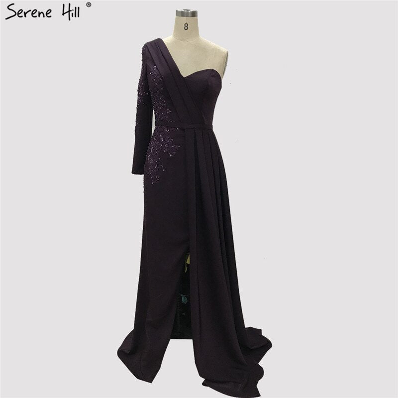 Vestido de noche morado sexy de satén con un solo hombro, corte sirena, con cuentas, LA70318
