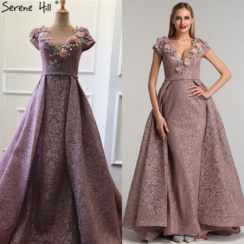En oferta, sin devolución ni reembolso. Vestidos de noche morados con escote en V, flores hechas a mano, encaje, 2025, sin mangas, sirena, sexys, LA60764
