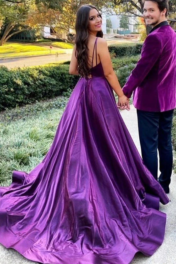 Purple Satin A-line Backless Long Prom Dress With Slit