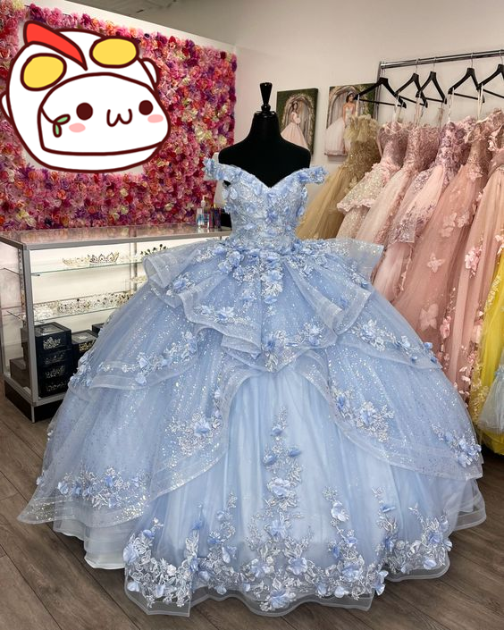Vestido de fiesta azul con hombros descubiertos y flores, vestido de princesa azul, vestido de quinceañera Y2256