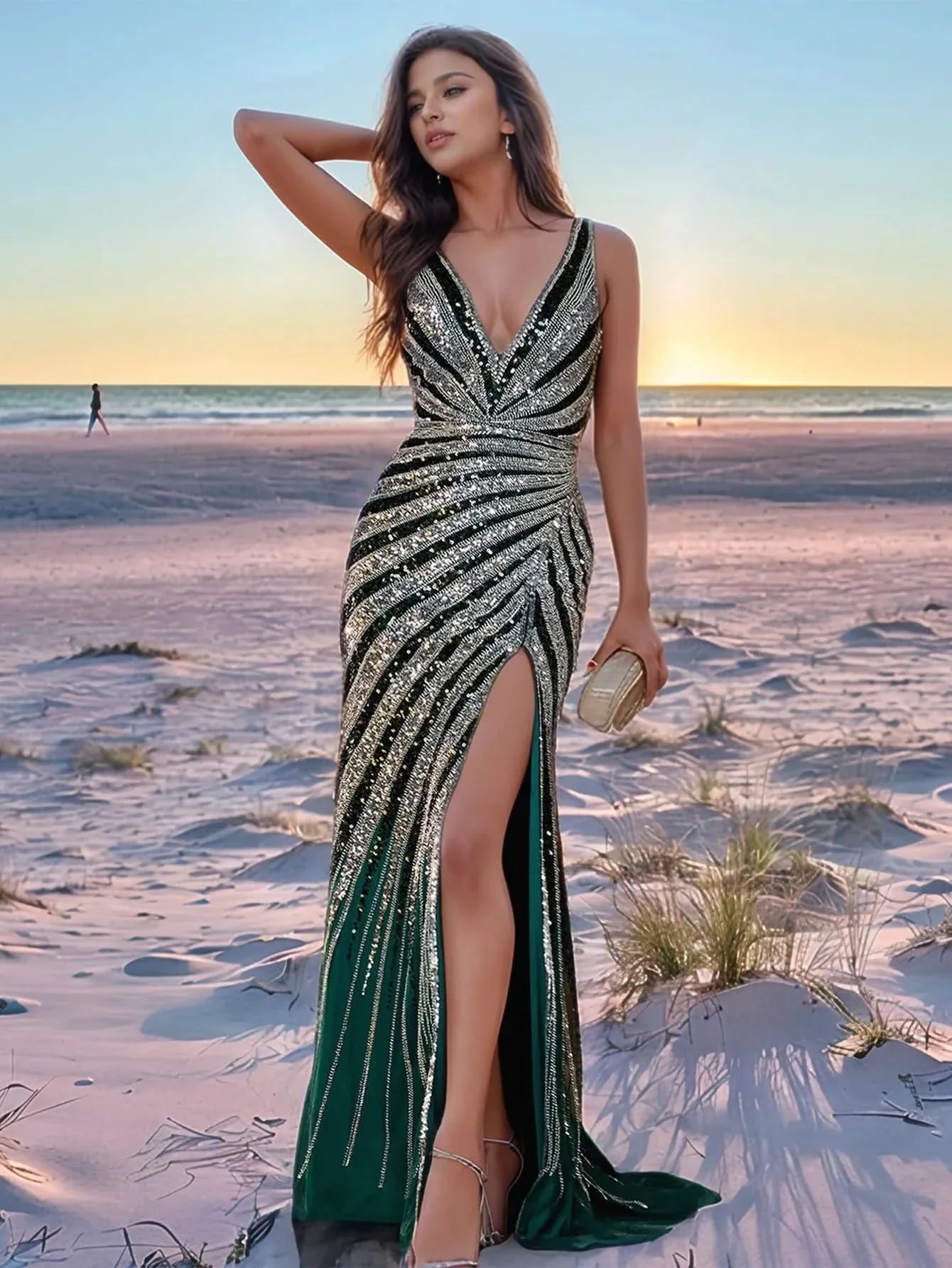 Luxury Hand Beading Dubai Deep V-Neck Mermaid Evening Dress