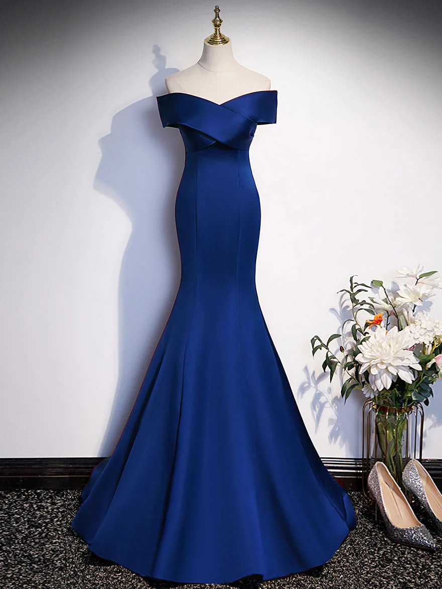 Königsblaues Meerjungfrau-Abendkleid aus Satin, schulterfrei, blau, Y7429