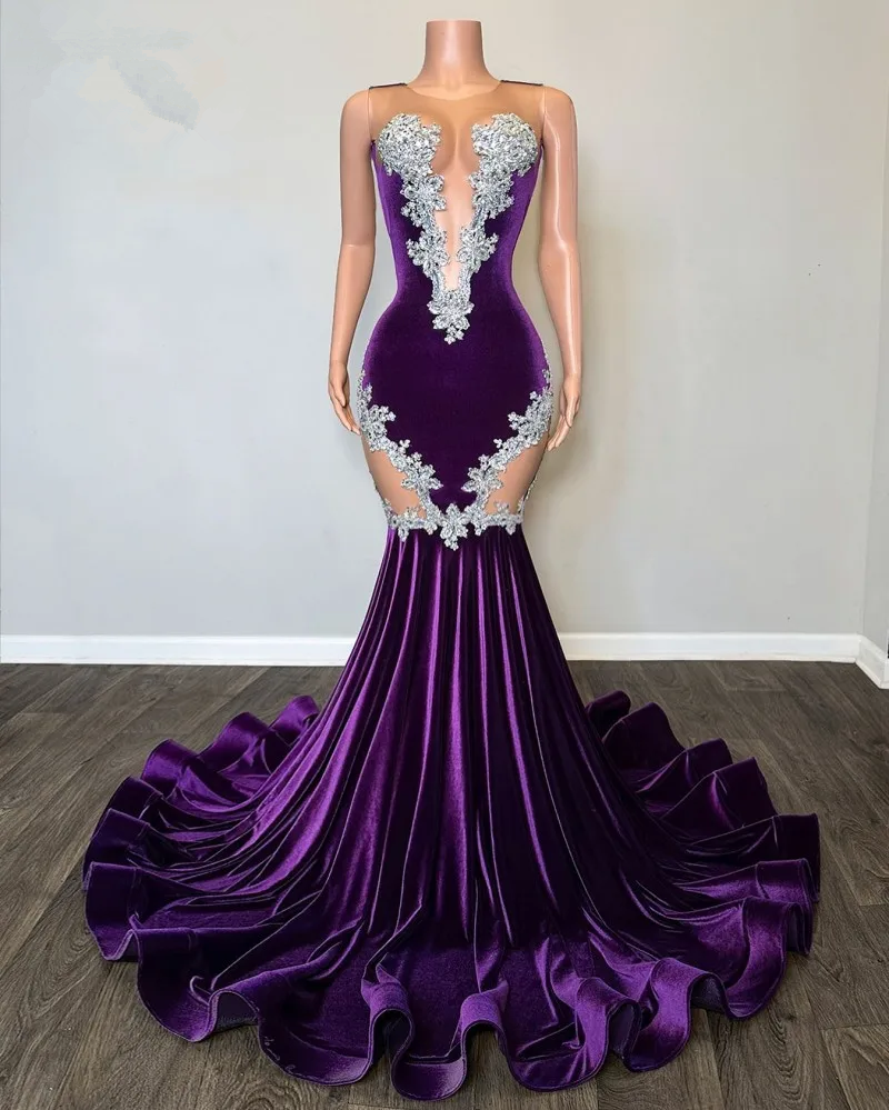 Neues lila Meerjungfrau Abendkleid mit Spitze Elegantes Fischschwanz Schwarzes Mädchen Abendkleid Plus Size Formelle Anlässe Partykleider Y6581