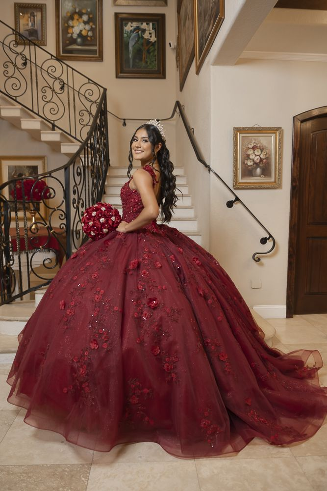 Burgundy Ball Gown With Flowers,Sweet 16 Dress, Burgundy Quinceanera Dress Y2345