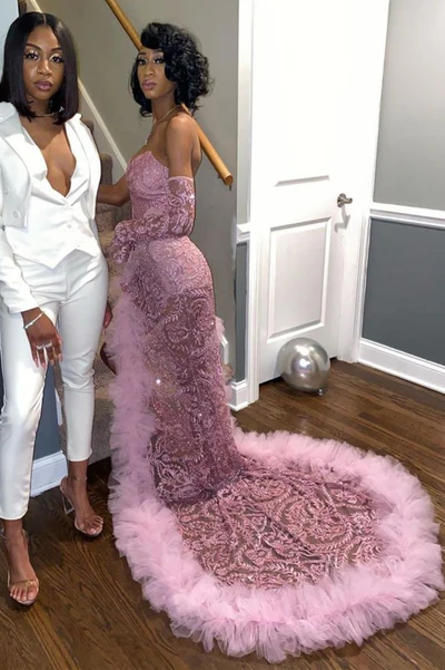 Sexy Dunkelrosa Tüll Ballkleider | Herzausschnitt Tiefer Schlitz Abendkleid Y1739