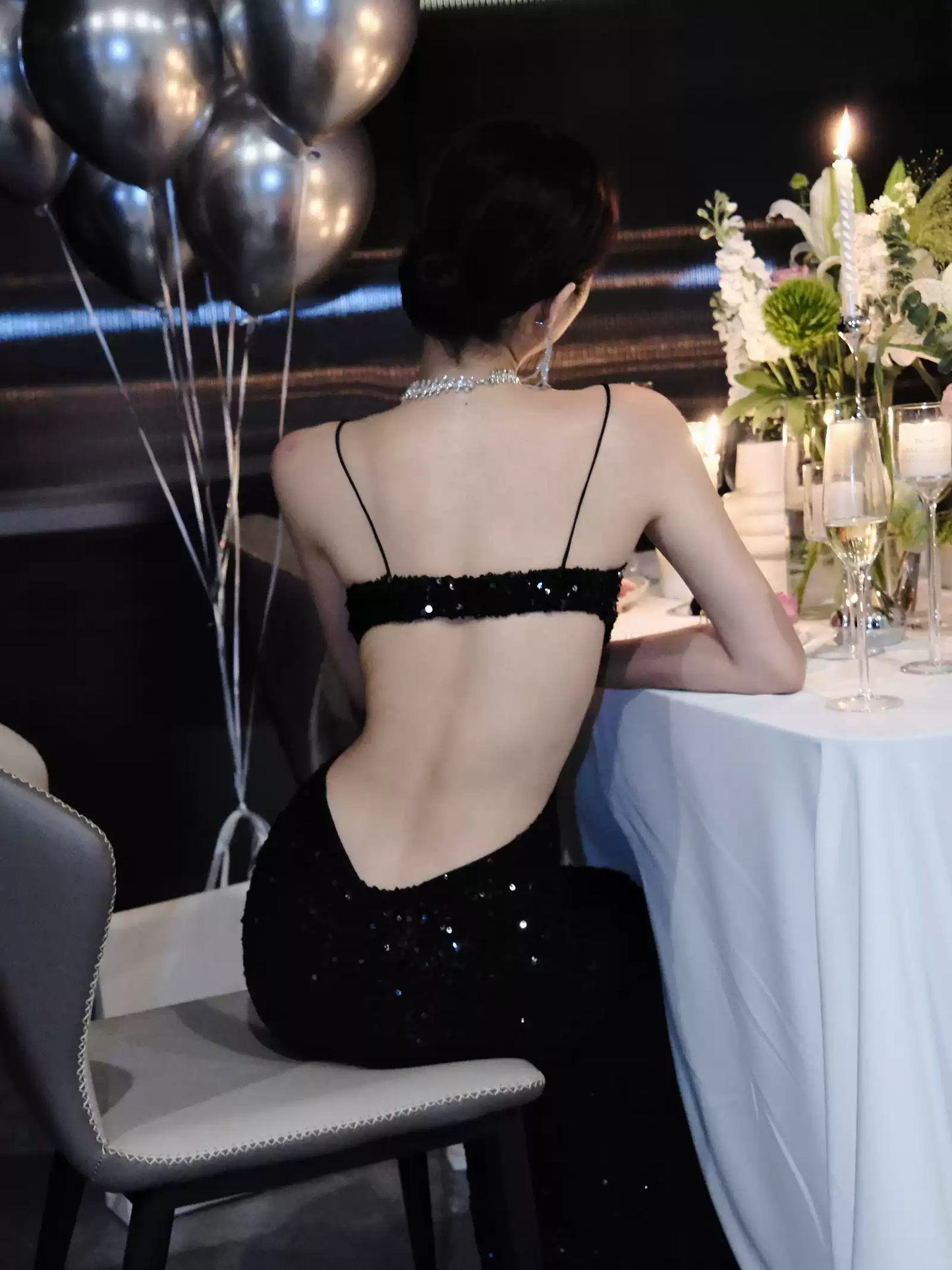 Vestido de noche negro brillante con lentejuelas, sexy, sin espalda Y1124