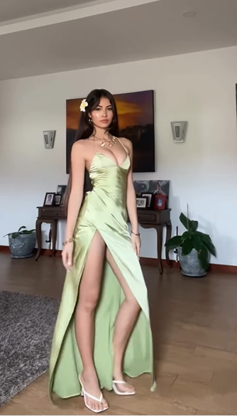 Schlichtes grünes Spaghettiträger-Abendkleid mit hohem Schlitz in A-Linie, rückenfreies Ballkleid Y8433