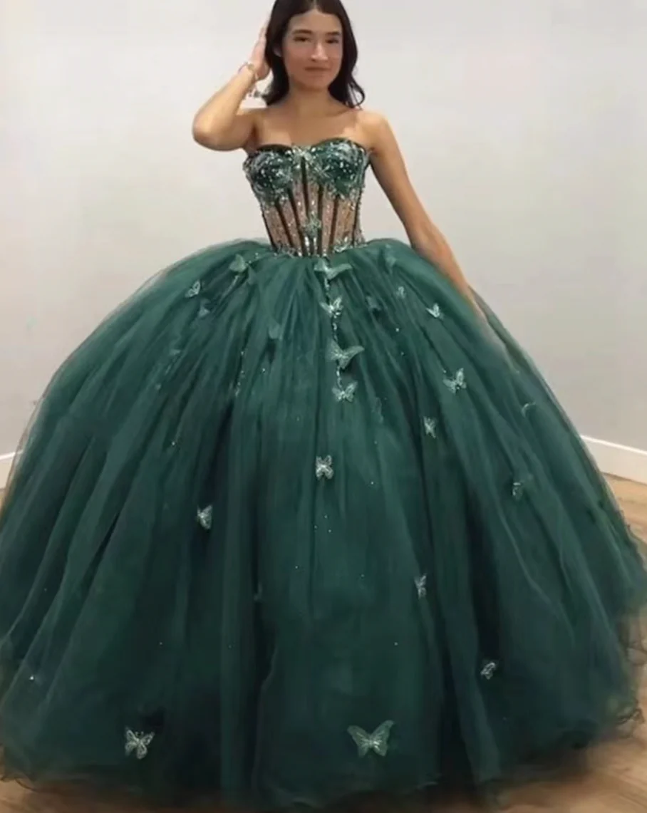 Vestido de tul verde con mariposas, vestido de quinceañera verde Y2344
