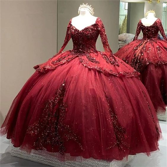 Vestido de quinceañera burdeos brillante, manga larga, con cordones, corsé, flores y lentejuelas, estilo princesa, para baile de quinceañera Y5388