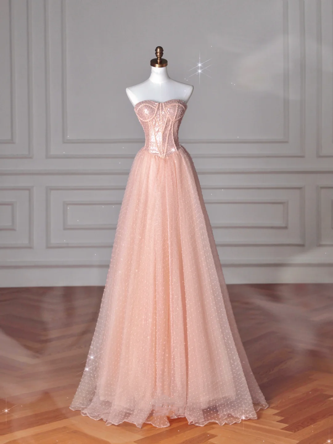 Vestido de noche largo de tul con lentejuelas, sin tirantes, color rosa melocotón, corte A, Y8645