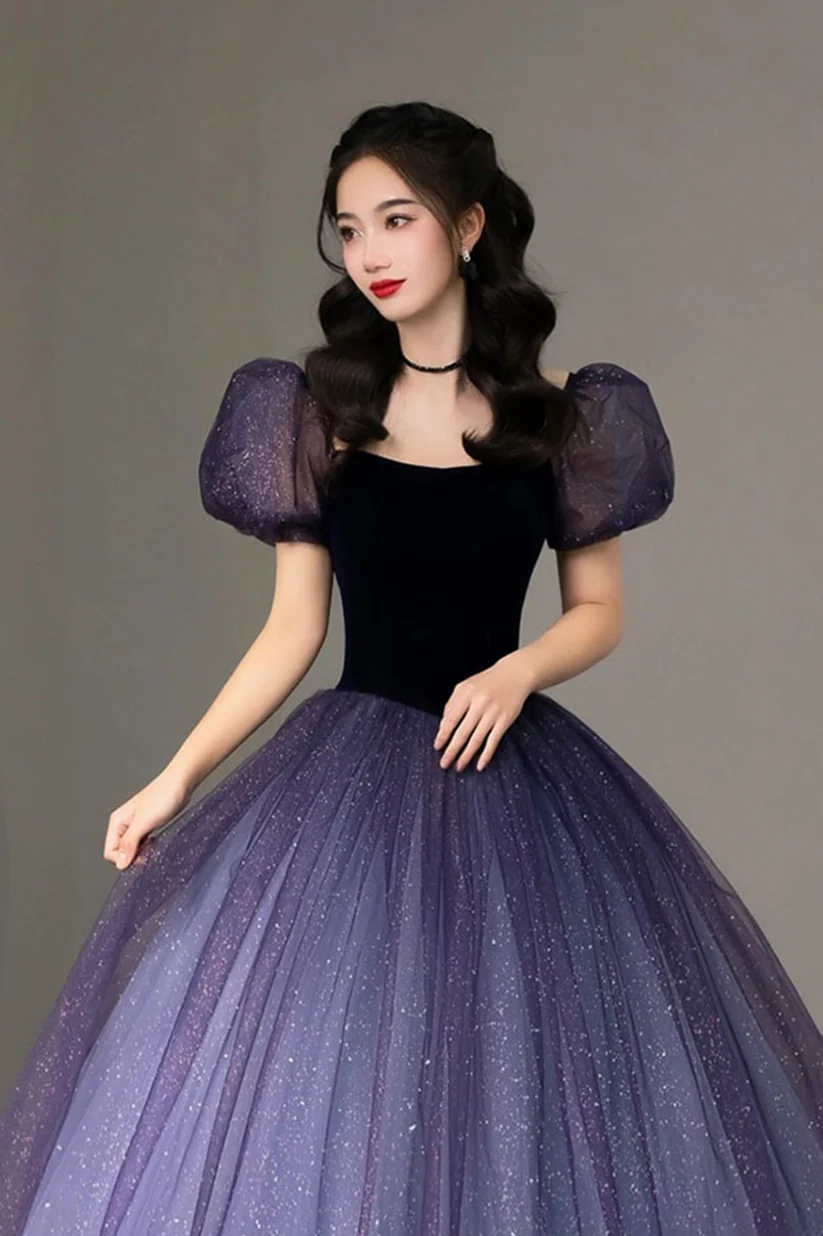 Purple Tulle Short Sleeve Formal Dress Cute A-Line Evening Dress Y4291