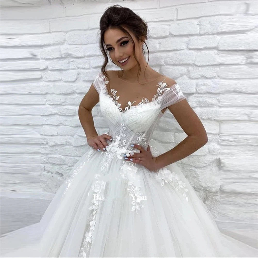 Ramanda Elegant V-Neck Sleeveless Wedding Dress For Bride 2023 A-Line Floral Lace Appliques Buttons Back Vestido De Novia-payinti
