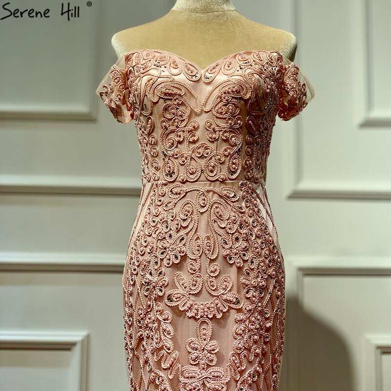Real Photo Pink Sleeveless Pearls Diamond Evening Gowns 2025 Mermaid Off Shoulder Sexy Lace Evening Gowns LA60827