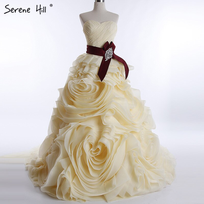 Foto real 2025 Diseño de marca Robe De Mariage Vestido de novia con volantes y cuentas de cristal Borgoña Vestido de novia HM6681