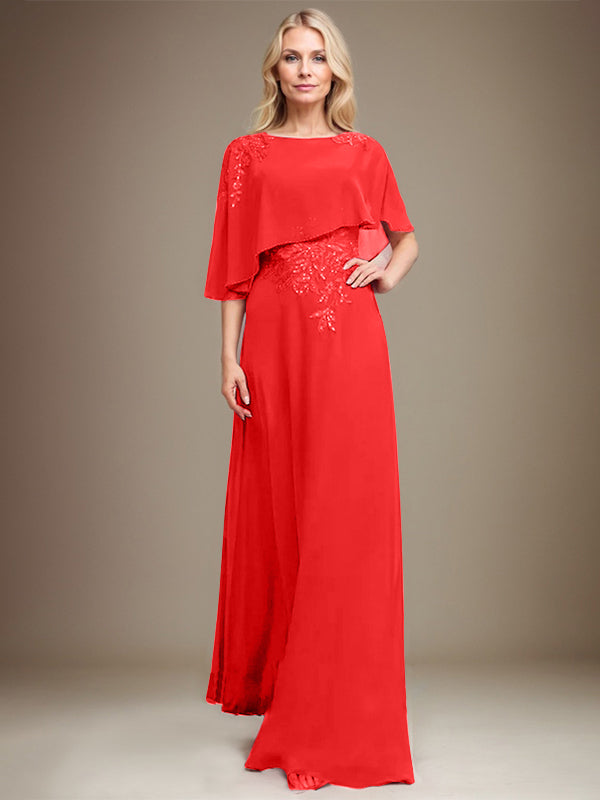 A-Linie U-Ausschnitt Bodenlang Chiffon Spitze Kleid für die Brautmutter mit Pailletten und Perlen