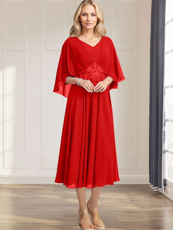 A-Linie V-Ausschnitt Wadenlanges Chiffonkleid für die Brautmutter mit plissierten Paillettenapplikationen Spitzenbesatz