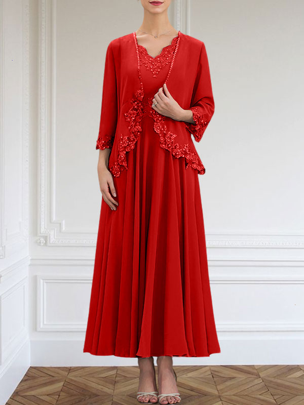A-line V-Neck Ankle-Length Chiffon Mother of the Bride Dress With Sequins Appliques Lace Beading