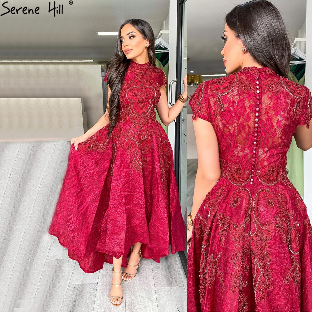 Vestido de noche rojo asimétrico de lujo con encaje, sin mangas, sexy, con cuentas y cristales, LA70227