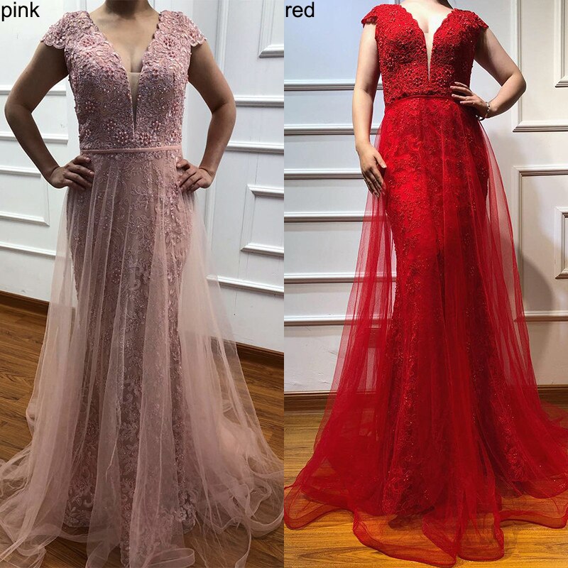 En oferta, sin devolución ni reembolso. Vestidos de noche con escote en V y encaje rojo con perlas, diseño 2025, vestido formal de sirena sexy con mangas cortas LA6604.