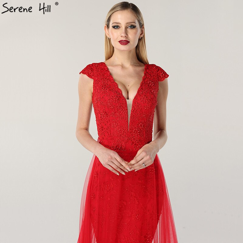 En oferta, sin devolución ni reembolso. Vestidos de noche con escote en V y encaje rojo con perlas, diseño 2025, vestido formal de sirena sexy con mangas cortas LA6604.