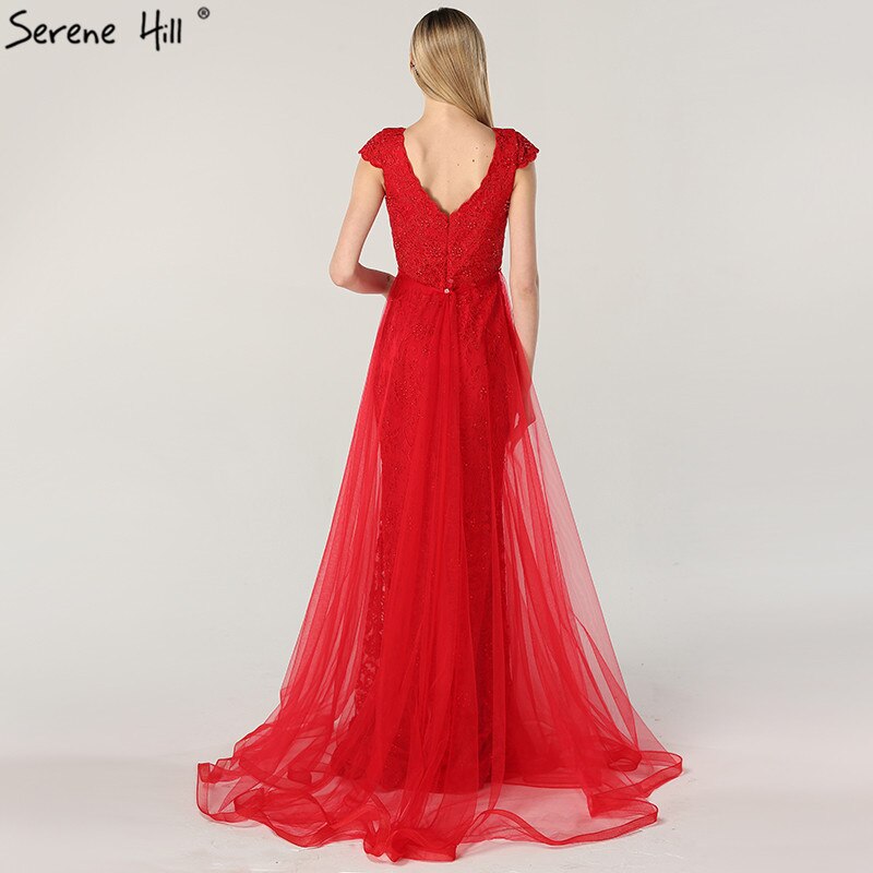 En oferta, sin devolución ni reembolso. Vestidos de noche con escote en V y encaje rojo con perlas, diseño 2025, vestido formal de sirena sexy con mangas cortas LA6604.