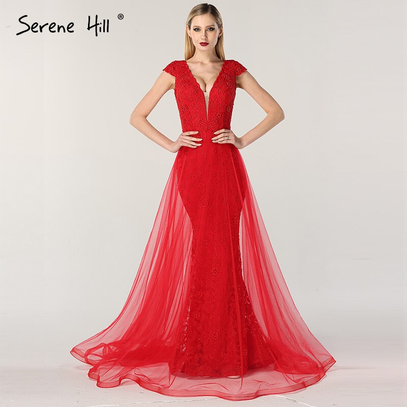 En oferta, sin devolución ni reembolso. Vestidos de noche con escote en V y encaje rojo con perlas, diseño 2025, vestido formal de sirena sexy con mangas cortas LA6604.