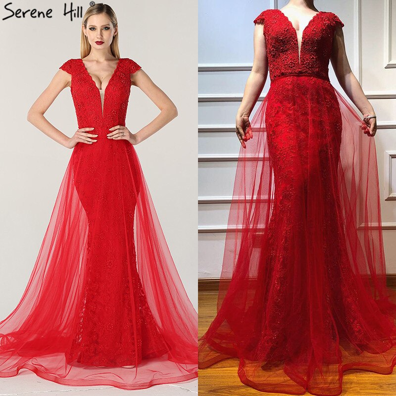 En oferta, sin devolución ni reembolso. Vestidos de noche con escote en V y encaje rojo con perlas, diseño 2025, vestido formal de sirena sexy con mangas cortas LA6604.