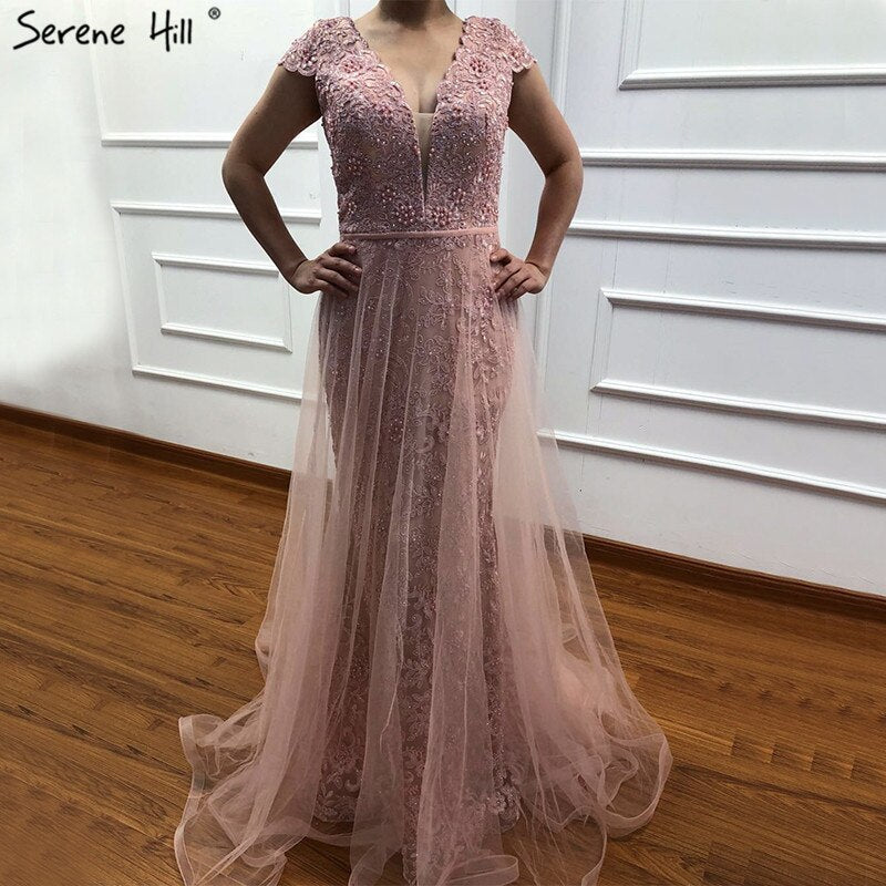 En oferta, sin devolución ni reembolso. Vestidos de noche con escote en V y encaje rojo con perlas, diseño 2025, vestido formal de sirena sexy con mangas cortas LA6604.