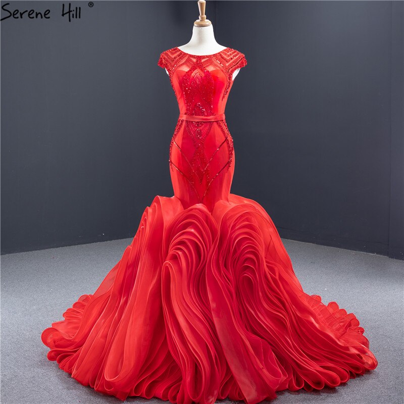 Vestidos de novia sexys con escote redondo y diseño de sirena roja, sin mangas, con lentejuelas y cuentas, HM66926