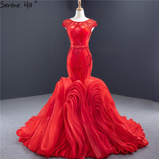 Vestidos de novia sexys con escote redondo y diseño de sirena roja, sin mangas, con lentejuelas y cuentas, HM66926