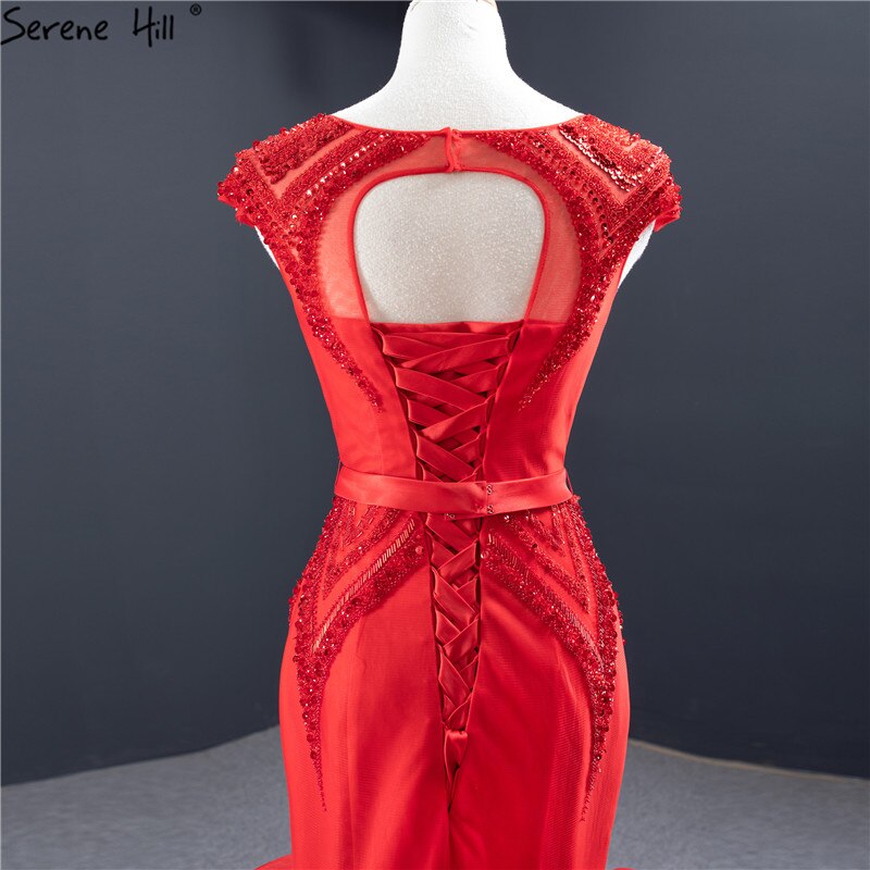 Vestidos de novia sexys con escote redondo y diseño de sirena roja, sin mangas, con lentejuelas y cuentas, HM66926