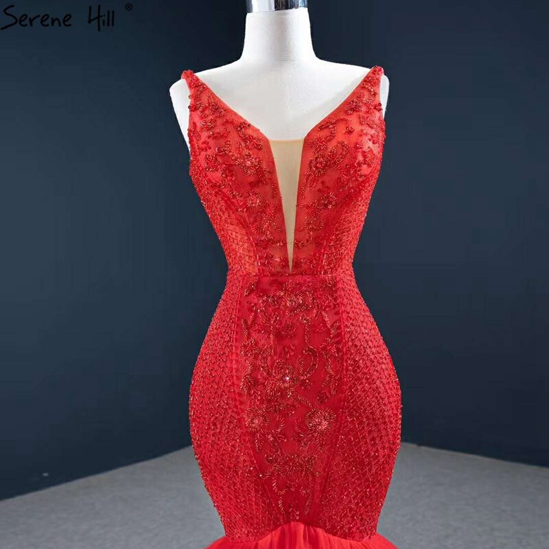 Red Mermaid Sexy Sleeveless Evening Dresses 2025 V-Neck Beading Crystal Lace Formal Dress HM67151