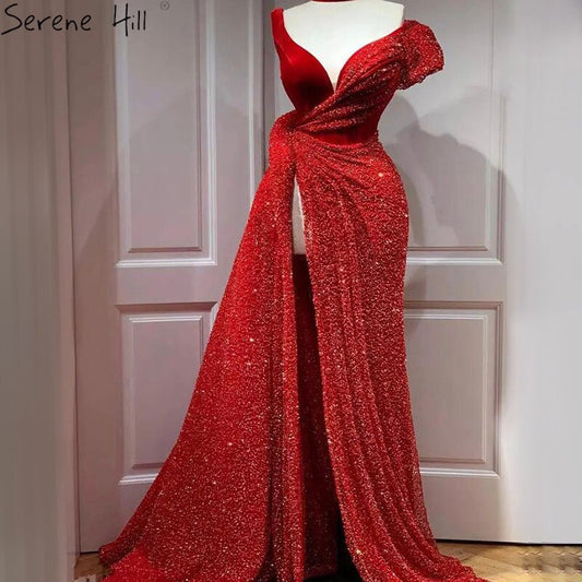 Verkauf Red One Shoulder Luxus Dubai Abendkleider Lange 2025 Ärmellose Sexy Perlen Pailletten Formale Kleid LA70416