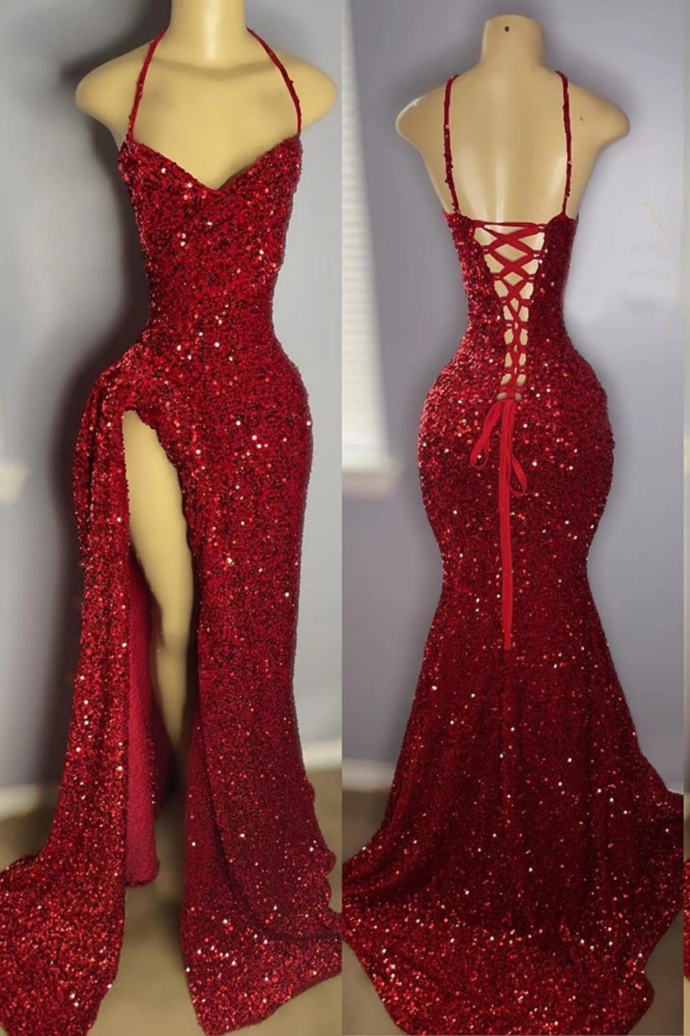 Rotes Pailletten-Ballkleid mit Schlitz, glänzendes bodenlanges Partykleid