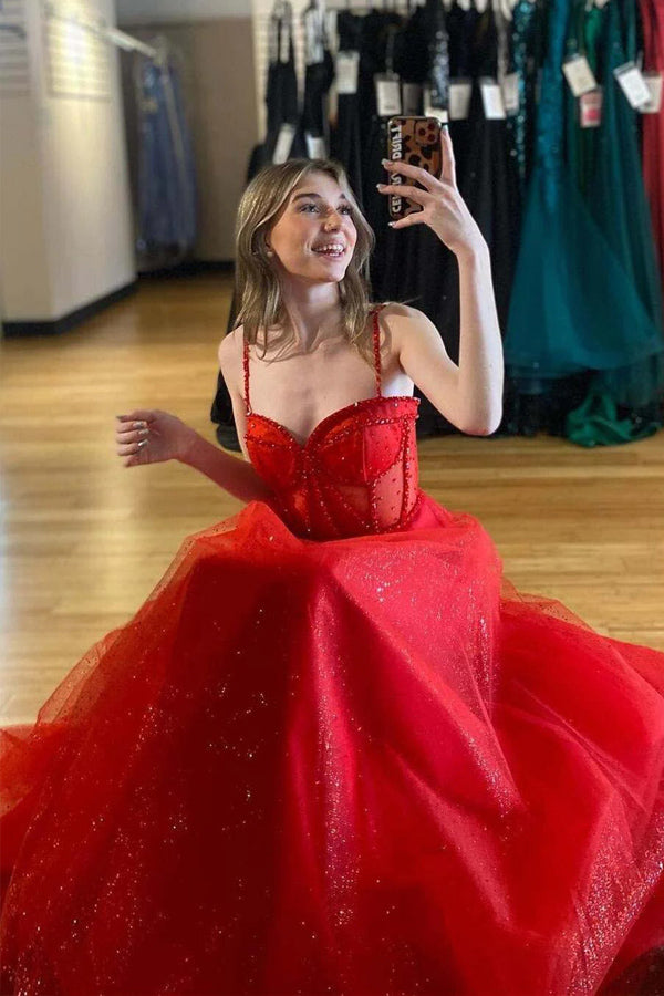 Straps Beaded A-Line Sparkly Red Prom Dress with Split PSK503