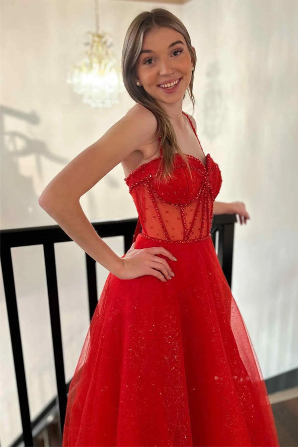 Straps Beaded A-Line Sparkly Red Prom Dress with Split PSK503