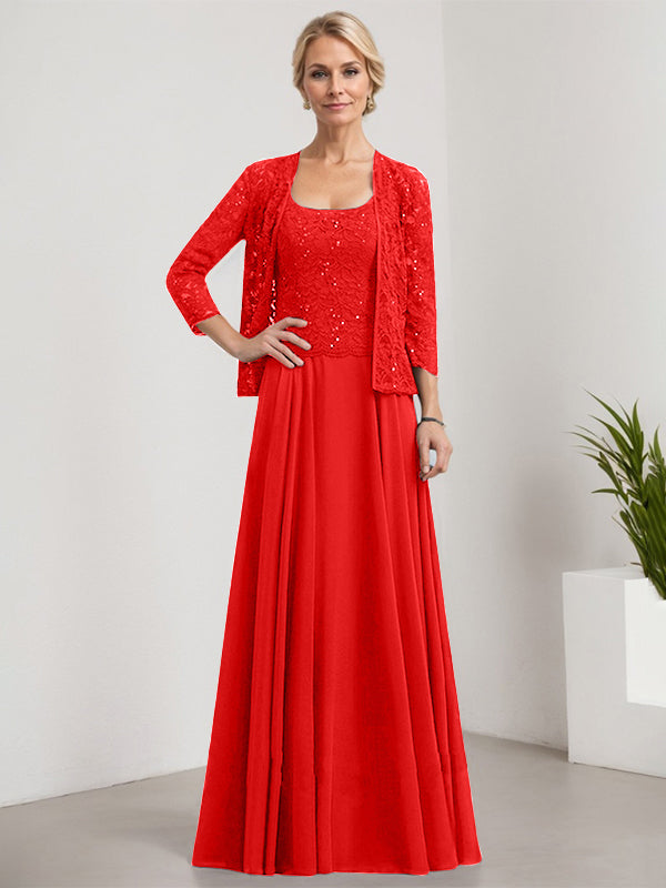 A-Linie Quadratisches Bodenlanges Spitzen-Chiffon-Kleid für die Brautmutter mit Pailletten