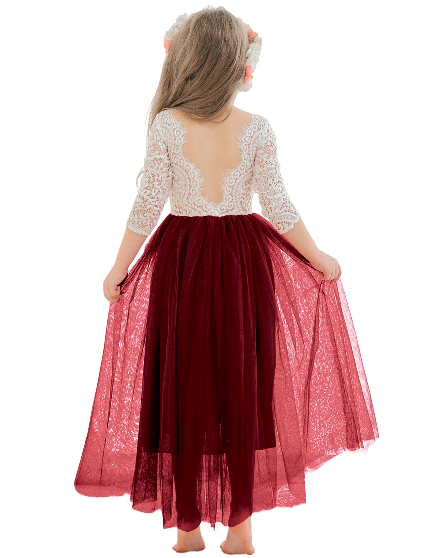 Vestido de tul con mangas largas y encaje blanco angelical para niña de las flores