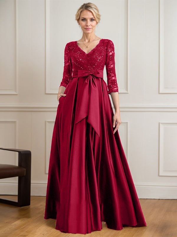 A-Linie V-Ausschnitt Bodenlanges Satin-Spitzenkleid für die Brautmutter mit Paillettenschleife