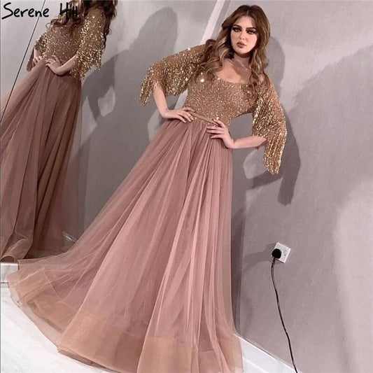 Vestido de noche con lentejuelas y escote redondo en oro rosa 2025, corte A, último diseño, sexy y brillante, vestido formal LA60976